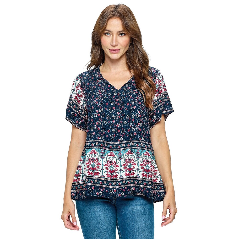 24425 N Yak & Yeti Blouse Floral Print Pattern Navy Various Sizes - Picture 1 of 3